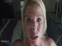 Filthy golden-haired wench acquires her face overspread in sex cream in amateur movie 